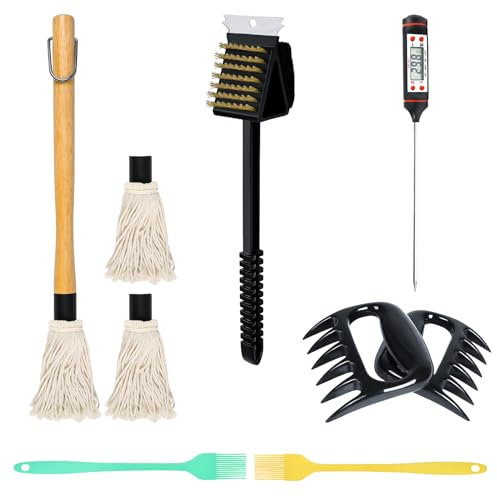 ZQDFLME Grillwerkzeug-Sets mit 10 Stück, 3-in-1-Grillbürste und Schaber, Grill-Mop mit 3 Bürstenköpfen, Silikon-Backpinsel, Fleischthermometer, Fleischzerkleinerer Krallen, Grillzubehör, Geschenke für