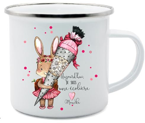 lorajewel Mug émaillé Personnalisé avec Nom Date 350ml Céramique Tasse Cadeau pour les Enfants Garçons Filles Entrée à l'école Jardin d'enfants Sac d'école Rose Fuselé (A)
