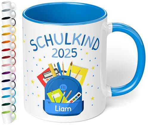 Geschenk zur Einschulung Tasse „Schulkind 2025“ für Jungen - personalisiert mit Namen Erstklässler Schüler 1. Klasse - Rucksack Blau - Keramiktasse, 330ml, Cambridge Blau