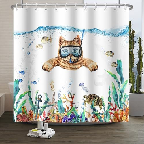 Xiaoterna Rideau de Douche Océan Bulle Rideau de Douche Vie Marine mer Profonde Rideau de Douche Chat Plongeur Poisson Rideau de Douche Tortue Tissu imperméable et Lavable en Machine 120x200cm