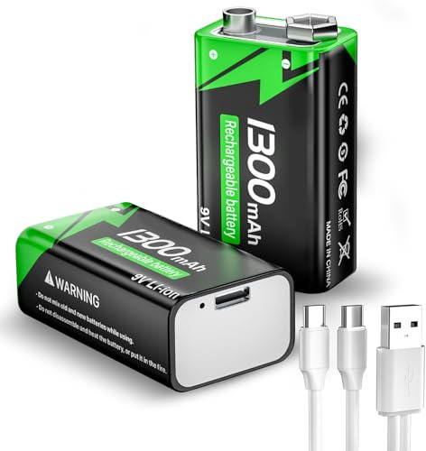 9V Wiederaufladbare Akku, 1300mAh Lithium-ionen Block Batterien mit USB-C-Schnellladekabel ideal für Rauchmelder, Feuermelder, Alarme, Mikrofon, Multimeter usw (2 Stück)