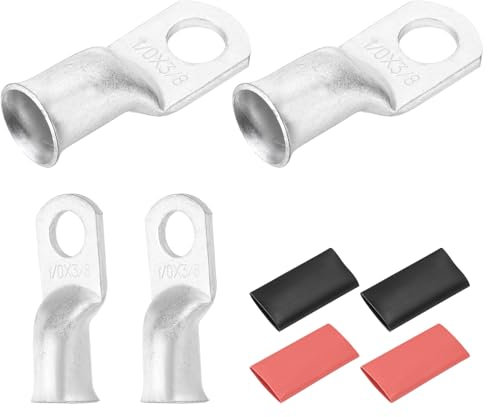 DMiotech 4 Pcs 1/0 AWG - 3/8 Tinned Copper Cable Lugs, Battery Cable Ends, Heavy Duty Copper Wire Lugs with 4pcs Heat Shrink Tubing for Electrical Projects, Silver