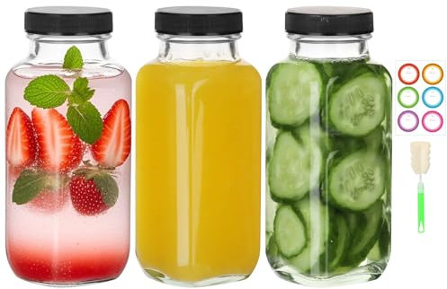 BIGIVACA 8 oz Glass Juice Bottles with Lids,3 PACK Bottles for Juicing,Square Drinking Jars Glass for Coffee,Cola,Milk,Tea in Travel,Work,School