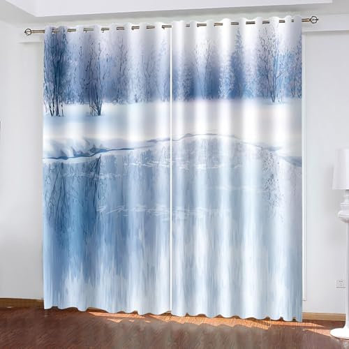 Lirzxin Verdunkelte Vorhänge 274 cm Lang, Vorhang Verdunkelung mit Ösen 2er Set Grau See Wald Schnee Landschaft Gardinen für Kinderzimmer Jugendzimmer Wohnzimmer Schlafzimmer, 234x274 cm(BxH)