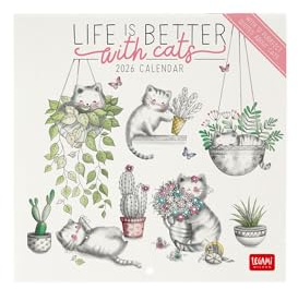 Legami - Wandkalender 2026, Sketchy Cats, kleiner Wandkalender, 12 Monate und Jahresplaner, Englisch, Platz für Notizen, Sternzeichen, internationale Feiertage, 18 x 18 cm