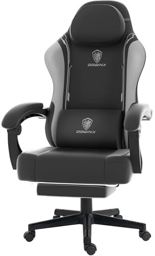 Dowinx Gaming Stuhl, Ergonomischer Gamer Stuhl aus PU-Leder mit Lendenwirbelstütze, PC-Stuhl mit verbreiterter Rückenlehne, Belastbar bis 150 kg, grau