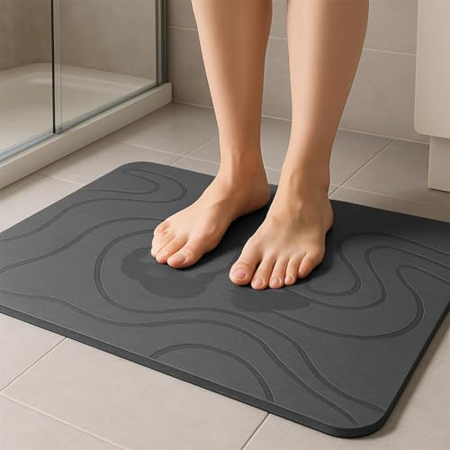 K Collection Stone Bath Mat – Premium Diatomite Mat for Bathroom or Kitchen – Natural Non Slip Wudu Mat – Ultra Fast Drying – Eco Friendly & Anti Mould – Dark Grey