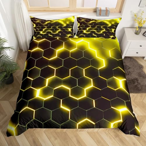 Homewish Waben Bettwäsche 135x200 für Jungen Kinder Mädchen,Neon Gelbe Honycomb Bienenstock Bettbezug Moderne Geometrische Bettwäscheset Mikrofaserbettbezug Mit 1 Kissenbezug Wendbares Weiche Bettset