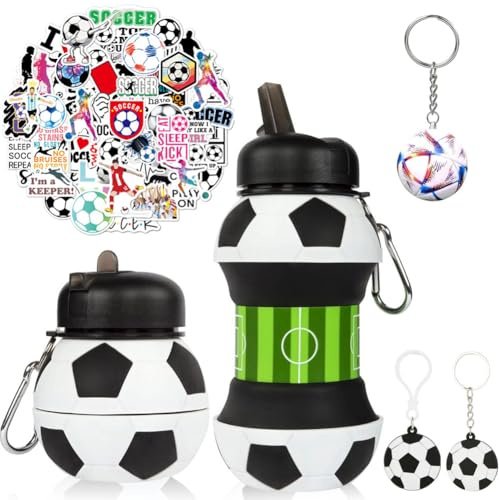 OPVXZAD Trinkflasche Fußball 550 ml, Wasserflasche aus Silikon & Fußball-Weltmeisterschaft Schlüsselanhänger & Sport-Football Aufkleber-Set für Jungen,Erwachsene,Sportliebhaber