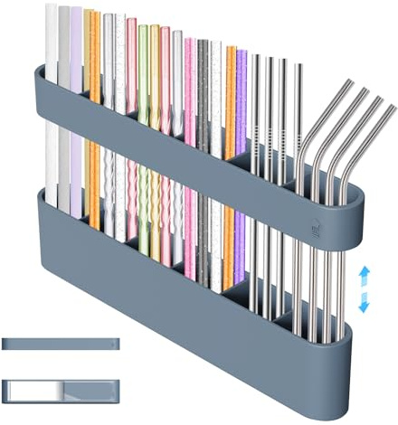 XYOFUN Silicone Straw Holder, 6 Slots Self-Adhesive Straw Dispenser - Blue | Simple Storage Organizer Holder for Kitchen Counters/Cabinet Doors/Refrigerator, and Walls