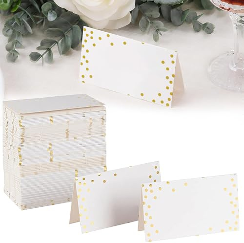 HSYTEK 50 Stück Tischkarten Hochzeit, Blanko Tischkarten Geburtstag, Goldfolien Punkten Platzkarten, 9x11.4 cm Tischkärtchen für Hochzeit, Kommunion, Geburtstag, Produktetiketten (Gold)