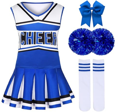 HUKUMA Cheerleader Kostüm Kinder, Cheerleadering Outfit Mädchen, Cheerleader Kleid mit Pompoms Haarschmuck Socken, Cheer Uniformen für Karneval Fasching Halloween Mottoparty