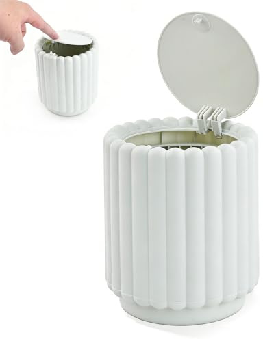 Culinavog mini pattumiera da tavolo, 15 x 12.5 cm cestino da scrivania con Coperchio, cestino da tavolo Girasole per Ufficio Cucina Bagno Cameretta Auto, Archiviazione Desktop(bianco grigiastro)