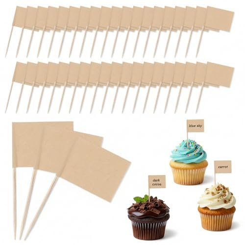 guduling 200 Stück Leere Zahnstocher Flaggen, Cupcake Fähnchen | Kraftpapier Fähnchen zum Beschriften, Cocktail Zahnstocher, Zahnstoche Papierfähnchen Flaggen Deko zur Partys, Bars, Buffets
