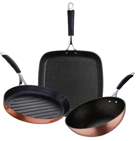 Set aus Grillpfanne 28 x 28 cm + Wok Ø 28 cm + Fischpfanne 32 x 21,8 x 4 cm aus geschmiedetem Aluminium mit ILAG Cooper Antihaftbeschichtung Bergner