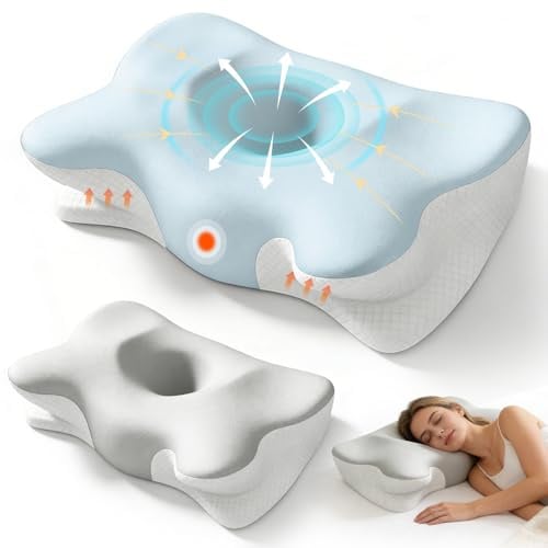 BOYUNSHI Nackenstützkissen aus Memory Foam, Ergonomisches Kopfkissen mit 2 kühlenden Waschbaren Bezügen, 2 Höhenstufen Schmetterlingskissen für Seiten, Rücken & Bauchschläfer, Seitenschläferkissen