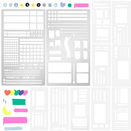 ZXBBTZ 11-teiliges Bullet Journal Schablonen Set Wiederverwendbare Bullet Journal Stencil Schablonen Journaling Vorlagen für Planer Kalender Skizzen Notizbuch Journaling Zubehör für Tracker