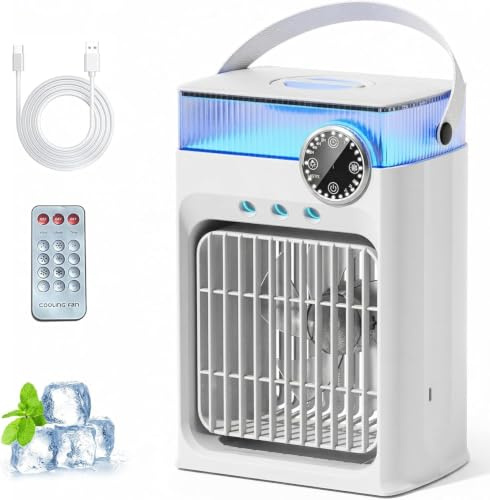 YFFU Portable Air Conditioner with Remote Control,1200ml Evaporative USB Mini Air Cooler RGB 8 Lights, 3 Wind Speeds, 3 Spray Modes, 2-8H Timer Small Air Conditioning Unit for Home Bedroom,Warm White