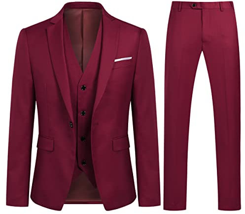 Costume Couleur Unie en cérémonie Mariage Veste Gilet et Pantalon Homme Slim fit,Vin Rouge,Large