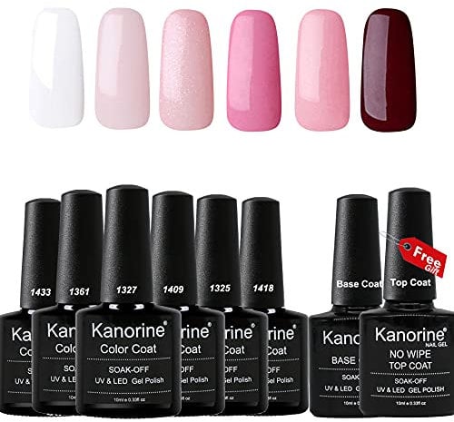Kanorine Ensemble de vernis à ongles gel 8 pièces (6 couleurs + base et top coat) Séchage Vernis Semi permanent UV/LED soak off Gel Nail Polish Vernis longue durée 10 mlx8