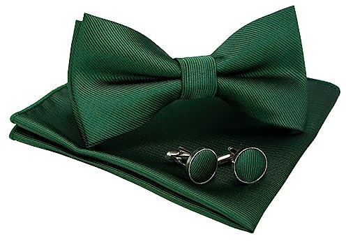 JEMYGINS Noeud Papillon Homme Vert foncé2 en Soie Réglable Multicolores et Boutons de Manchette et Carré de poche Ensemble Compris boîte