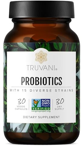Truvani Probiotic Supplement | 30 Servings | 15 Billion CFU | 15 Diverse Strains for Digestive, Immune & Brain Health Support | Shelf-Stable Vegan Capsules | Non-GMO, No Fillers