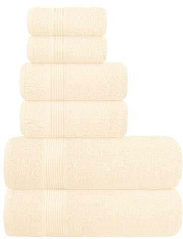 GLAMBURG Ultra-weiches 6er-Pack Baumwollhandtuch-Set, enthält 2 übergroße Badetücher 70 x 140 cm, 2 Handtücher 40 x 60 cm und 2 Waschküchen 30 x 30 cm, elfenbeinfarben
