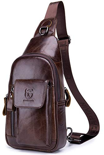BULLCAPTAIN Herren-Crossbodytasche aus Leder, Schultertasche, lässiger Tagesrucksack, Brusttaschen für Reisen, Wandern