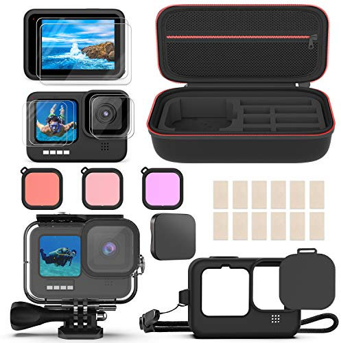 Kuptone Accessories Set for GoPro Hero 9, Shockproof Small Bag + Waterproof Housing Case + Tempered Glass Screen Protector + Silicone Cover Bundle for GoPro Hero 9 Black