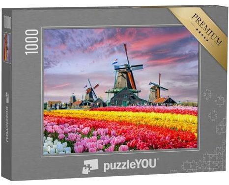 puzzleYOU: Puzzle 1000 Teile „Landschaft mit Tulpen und traditionellen holländischen Windmühlen, Niederlande“ – aus der Puzzle-Kollektion Holland