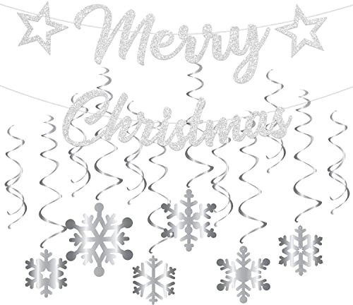 Wimpelkette Merry Christmas, silberfarben, mit weihnachtlichen Schneeflocken, hängende Wirbel, Dekoration, 12 Stück, glitzernde, silberfarbene Deckenwirbel, Winter, Motto-Party