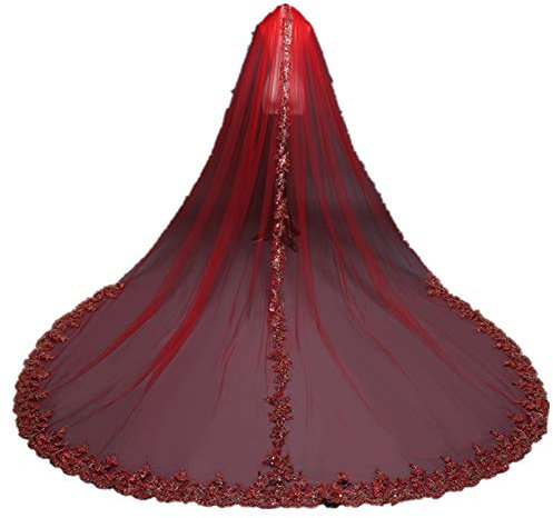 Einreihiger Brautschleier Braut kathedrale Roter Schleier Blumen applikation Spitzenrand Bling Pailletten Langer Kapellenschleier Kathedrale Zubehör mit Kamm für Frauen (300cm),Rot,118in