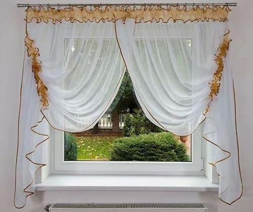 Generisch Fertige Gardine Barcelona 390x145 Weiss Gold Voile Fensterdekoration Vorhänge