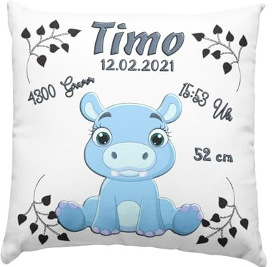 Baby Geschenk Kissen mit Namen und Geburtsdaten - Geburt Junge oder Mädchen Geburtsgeschenk Babykissen -personalisierte Babygeschenke -taufgeschenk von Taufpaten - neugeborenen Motiv Hippo Blau