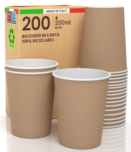 200 Bicchieri in Carta Color Avana 200ml Ecologici Biodegradabili Monouso Made in Italy Asporto Bevande Calde Acqua - Prodotto e confezionato in Italia