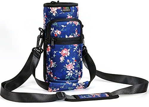Nuovoware Bolsillo de Botella de Agua Portátil de Neopreno, Bolsillo con Correa de Hombro a Prueba de Caída, Funda Impermeable de 750ml Botella de Agua Protectora para Viaje, Peonía Azul