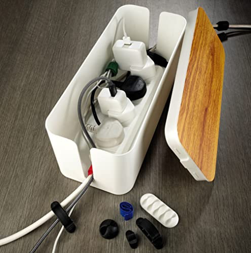 Cable Management System – White Large Lidded Box & Accessory Kit for your Home, Office, Desk or Entertainment System – Conceal, Organise, Hide & Protect Cables, Chargers, Adaptors & Extension Leads