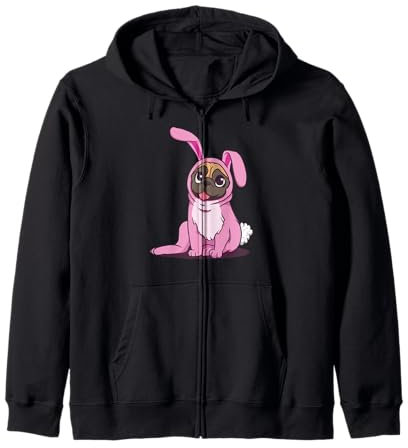 Oster Mops Welpe mit rosa Osterhasen Kostüm Pug Möpse Hund Kapuzenjacke