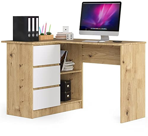 AKORD Eck-Schreibtisch B-16 mit 3 Schubladen und 2 Ablagen | Schreibtisch | ecktisch | Eck Schreibtisch für Home Office | Einfache Montage | B124 x H77 x T85, 48 kg Eiche Artisan & Weiß Front