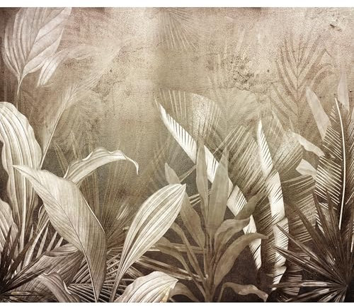 decomonkey Premium Fototapete Pflanzen 350x256 cm Tapete Fototapeten Vlies Tapeten Vliestapete Wandtapete moderne Wand Wandbild Schlafzimmer Wohnzimmer Deko Abstrakt Blätter Laub Steinwand braun beige