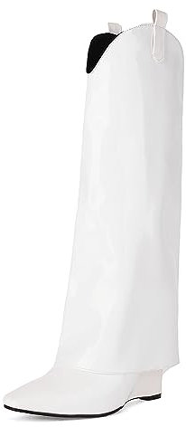 PAUVAODY Moda Fold Over Knee Stivali Alti per donne Chunky Heel Denim Jeans Stivali Pull On Western Stivali Cowboy Appuntito Stivali alti White Size 35