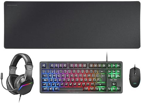 Mars Gaming MCP-RGB3, Pack Gaming Teclado Fixed RGB + Ratón Gaming RGB Flow 3200 dpi + Auriculares Over-Ear RGB + Alfombrilla XXL, Negro, Idioma Portugués