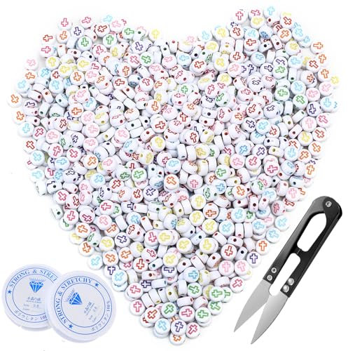 Acrylperlen zum Auffädeln, 1000 Stück Kreuzen Perlen, Weiß Bunt Acryl Perlen set Buchstaben für Armbänder Bastelset Schmuckherstellung, mit Gummiband, Schere, 4x7mm