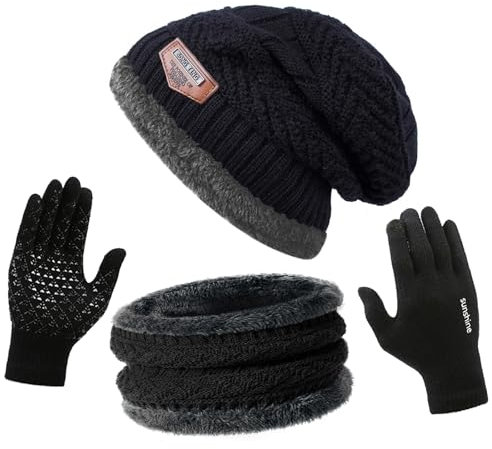 ANCEER Strickmütze Schal Handschuhe Set 3in1 | Weiches Dickes Wintermütze Set für Herren & Damen | Thermo Fleece Gefüttert, Extrem Warm und Unisex für Outdoor (Schwarz)