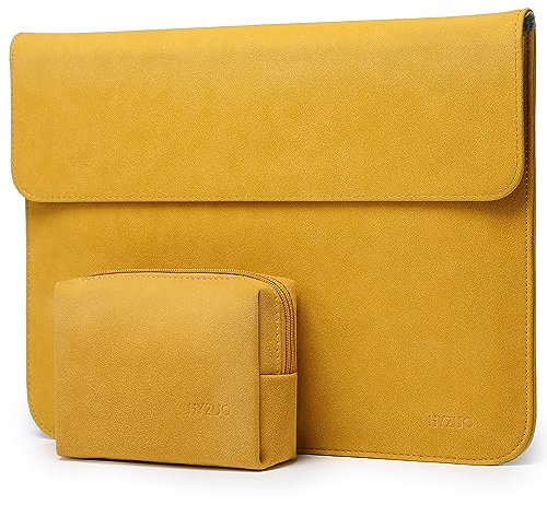 HYZUO 15 Inch Laptop Sleeve Bag for 2024 2023 MacBook Air 15 M3 A3114 M2 A2941, 15 Surface Laptop 6/5/4/3, MacBook Pro 15 2019-2016 A1990 A1707, Faux Suede Leather Case with Pouch, Olive Yellow-H