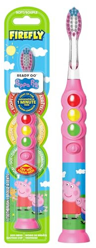 Firefly Ready Go Brush, Peppa Pig, cepillo de dientes con temporizador iluminado, cerdas suaves de primera calidad, temporizador de 1 minuto, ventosa menos desorden, batería incluida, fácil