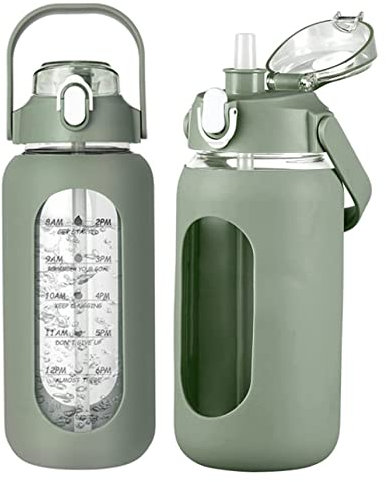 32oz Water Bottle with Straw Glass Water Bottles with Time Marker and Silicone Sleeve Motivational Sports Drinking Bottle for School Office Use Green,Water Bottles, Water Bottles with Straw, Glass Wa