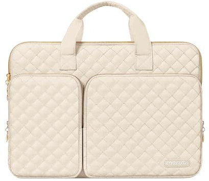 MOSISO 360 Protective Laptop Case 13.3 inch, 13-13.3 inch Laptop Sleeve Compatible with MacBook Air/Pro 13/Pro 14,HP Dell ASUS Lenovo, Square Quilted Bag Cover with 2 Pockets&Handle&Belt, Sand