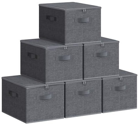 SONGMICS Aufbewahrungsbox mit Deckel, 6er Set, faltbare Stoffbox mit Griffen, Aufbewahrung für Kleidung, 40 x 30 x 25 cm, Vliesstoff, schiefergrau RZB003G02