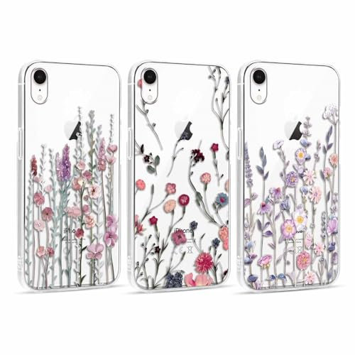 Foonary 3 Stück Hülle für Apple iPhone XR 6,1, Handyhülle mit Muster Mädchen Aesthetic Blumen Muster Motiv Design Case, Silikon Schutzhülle Cover für iPhone XR,Blumen01